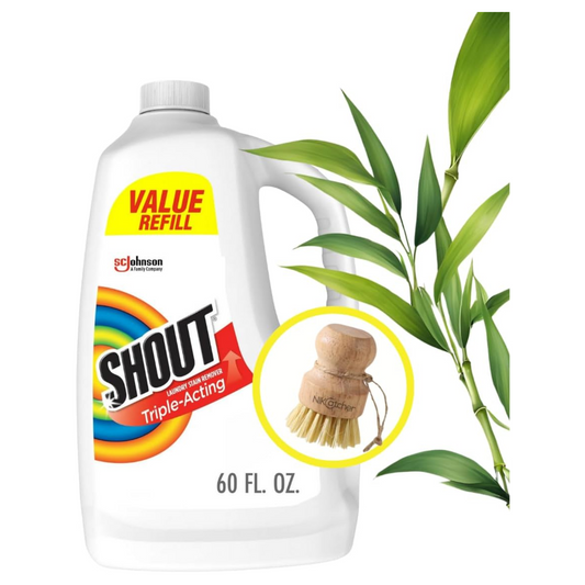 Laundry Brush Stain Remover Bundle – Shout Triple-Acting 60 Oz Refill & NikCatcher Bamboo Laundry Brush