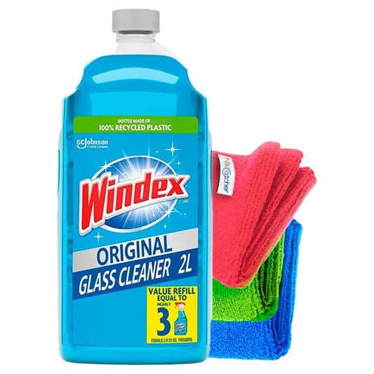Windex Glass and Window Cleaner 67.7 Oz Refill with 3-Pack 16x16" 400 GSM Microfiber Cleaning Cloth Towels