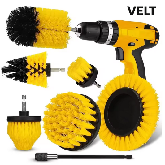 Velt 7-Piece Drill Brush Attachment Set for Car Detailing – Heavy-Duty Cleaning Kit with Extension Rod – Scrub Pads & Brushes for Tires, Upholstery, Bathroom, Kitchen & More