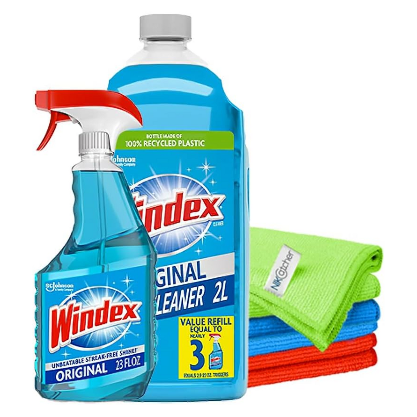 Windex Glass Cleaner (23 oz + 67.7 oz Refill) with NikCatcher Microfiber Cleaning Cloths (16x16, 400 GSM, 3-Pack) Bundle