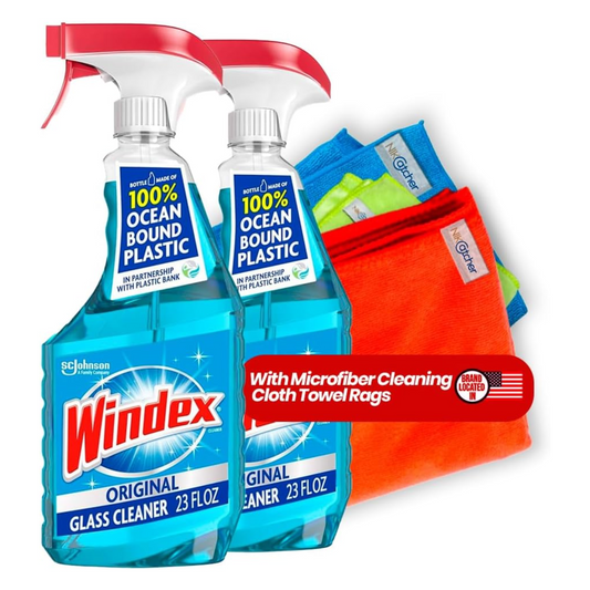 Windex 23 oz (2-Pack) Glass and Window Cleaner Spray Bottles with 3-Pack NikCatcher 16x16" 400 GSM Microfiber Cleaning Cloth Towels