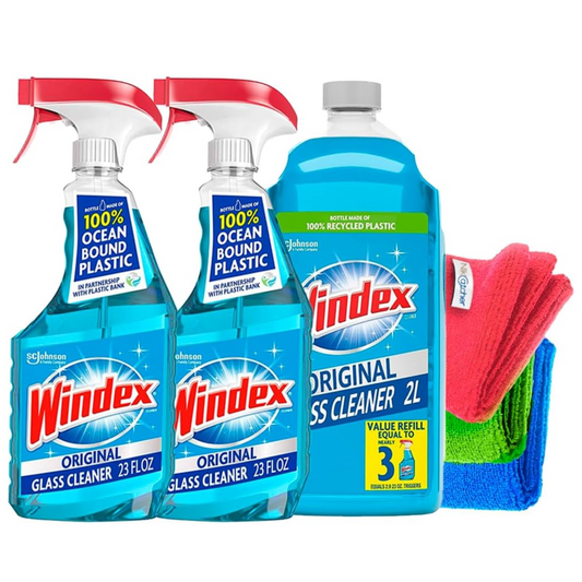 Windex Glass Cleaner Bundle - 3-Pack Towels + 2 Bottles (23 Oz) + 67.7 Oz Refill with Microfiber Cleaning Cloth 16x16 400 GSM