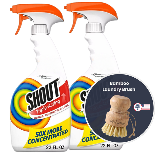 NikCatcher Laundry Brush Stain Remover with Shout Triple-Acting Stain Removing Spray 22 Oz (2 Pack) - Powerful Stain Removal Bundle