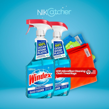 Windex 23 oz (2-Pack) Glass and Window Cleaner Spray Bottles with 3-Pack NikCatcher 16x16" 400 GSM Microfiber Cleaning Cloth Towels