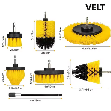 Velt 7-Piece Drill Brush Attachment Set for Car Detailing – Heavy-Duty Cleaning Kit with Extension Rod – Scrub Pads & Brushes for Tires, Upholstery, Bathroom, Kitchen & More
