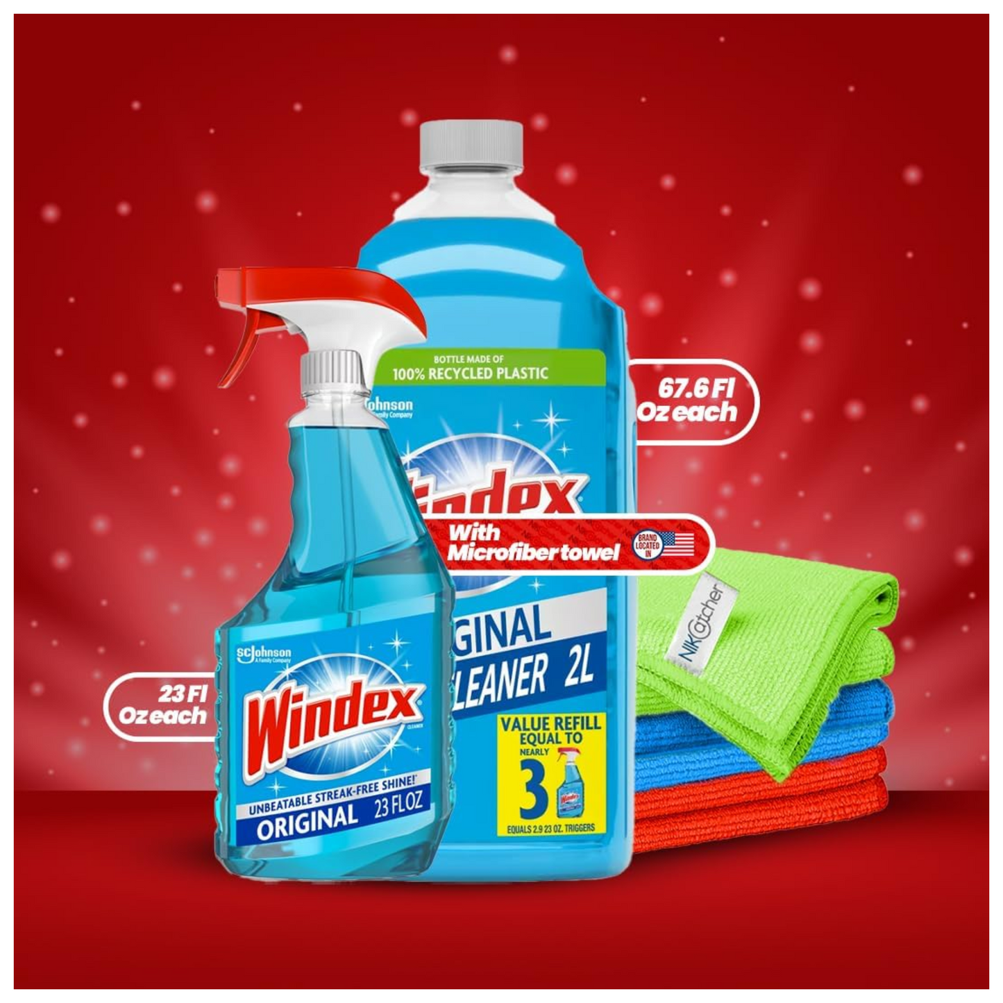 Windex Glass Cleaner (23 oz + 67.7 oz Refill) with NikCatcher Microfiber Cleaning Cloths (16x16, 400 GSM, 3-Pack) Bundle