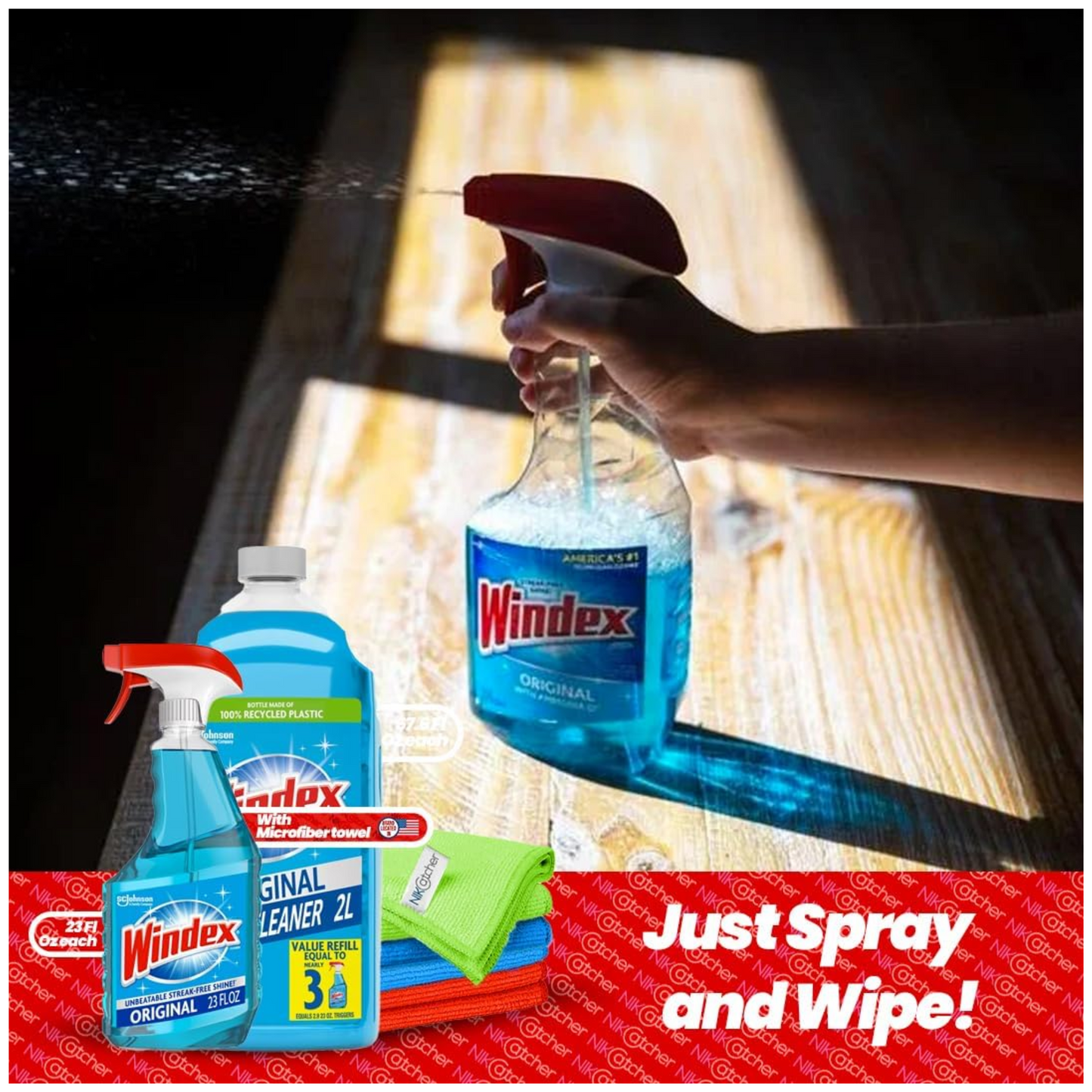 Windex Glass Cleaner (23 oz + 67.7 oz Refill) with NikCatcher Microfiber Cleaning Cloths (16x16, 400 GSM, 3-Pack) Bundle