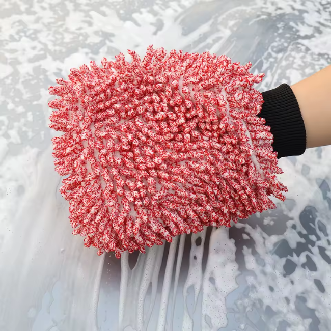 NikCatcher Autobright Large Red Double-Sided Chenille Microfiber Car Wash Glove – Non-Scratch, High Absorbency Detailing Mitt for Auto Care