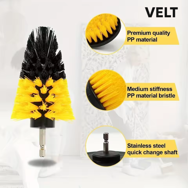 Velt 7-Piece Drill Brush Attachment Set for Car Detailing – Heavy-Duty Cleaning Kit with Extension Rod – Scrub Pads & Brushes for Tires, Upholstery, Bathroom, Kitchen & More