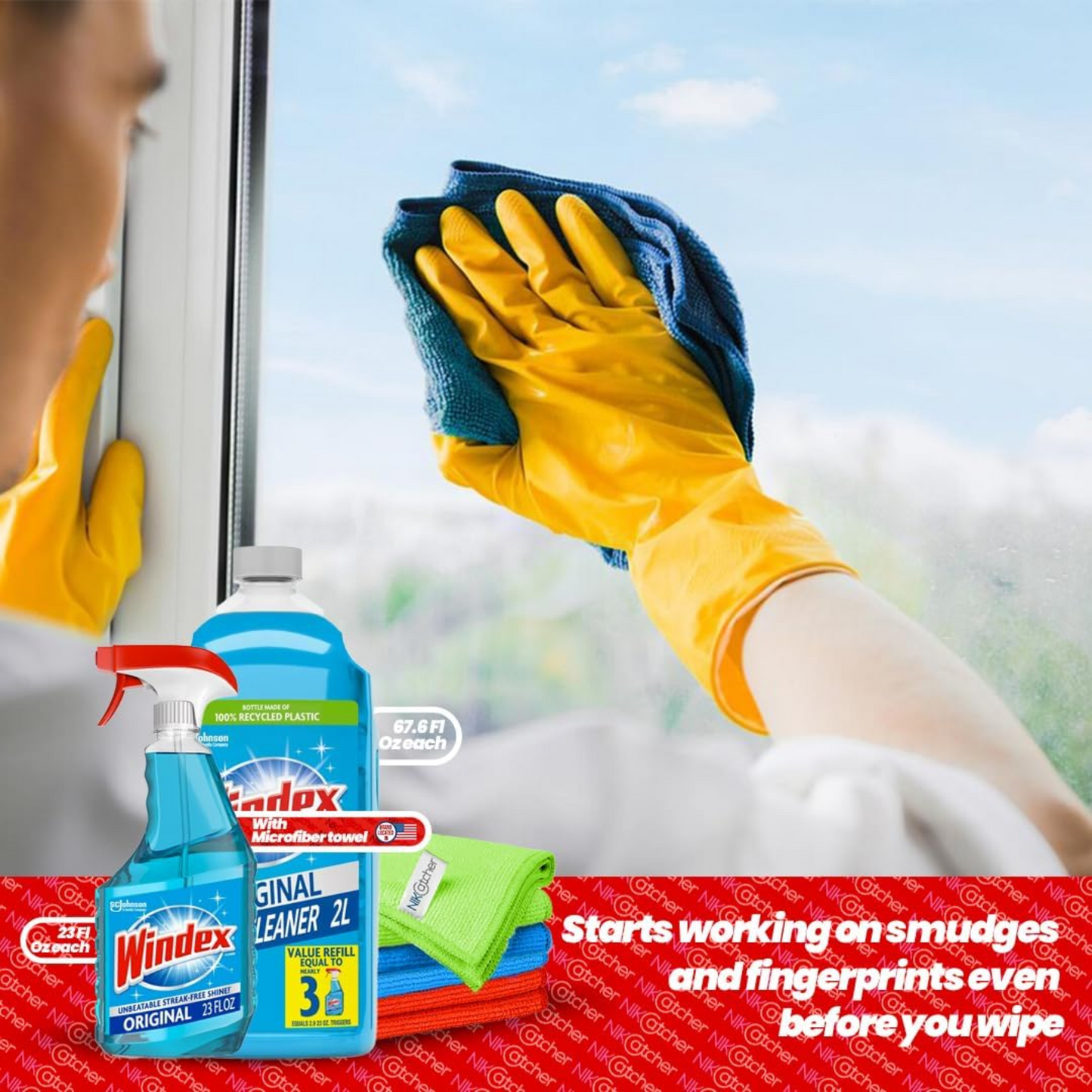 Windex Glass Cleaner (23 oz + 67.7 oz Refill) with NikCatcher Microfiber Cleaning Cloths (16x16, 400 GSM, 3-Pack) Bundle