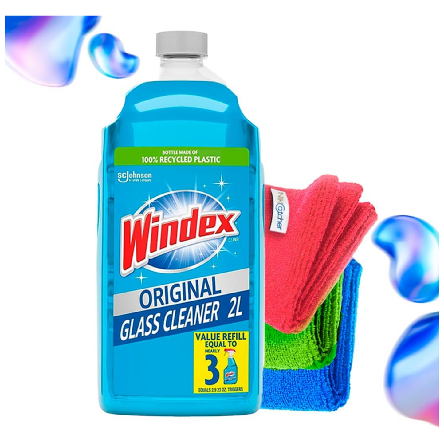 Windex Glass and Window Cleaner 67.7 Oz Refill with 3-Pack 16x16" 400 GSM Microfiber Cleaning Cloth Towels