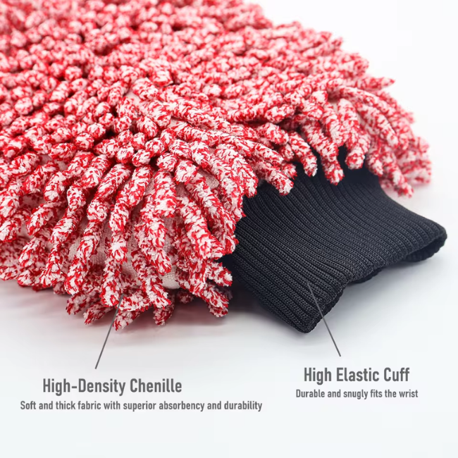 NikCatcher Autobright Large Red Double-Sided Chenille Microfiber Car Wash Glove – Non-Scratch, High Absorbency Detailing Mitt for Auto Care