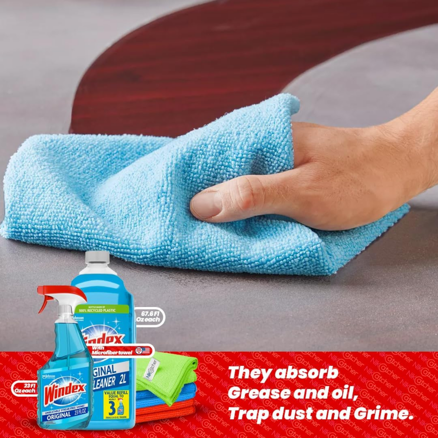 Windex Glass Cleaner (23 oz + 67.7 oz Refill) with NikCatcher Microfiber Cleaning Cloths (16x16, 400 GSM, 3-Pack) Bundle