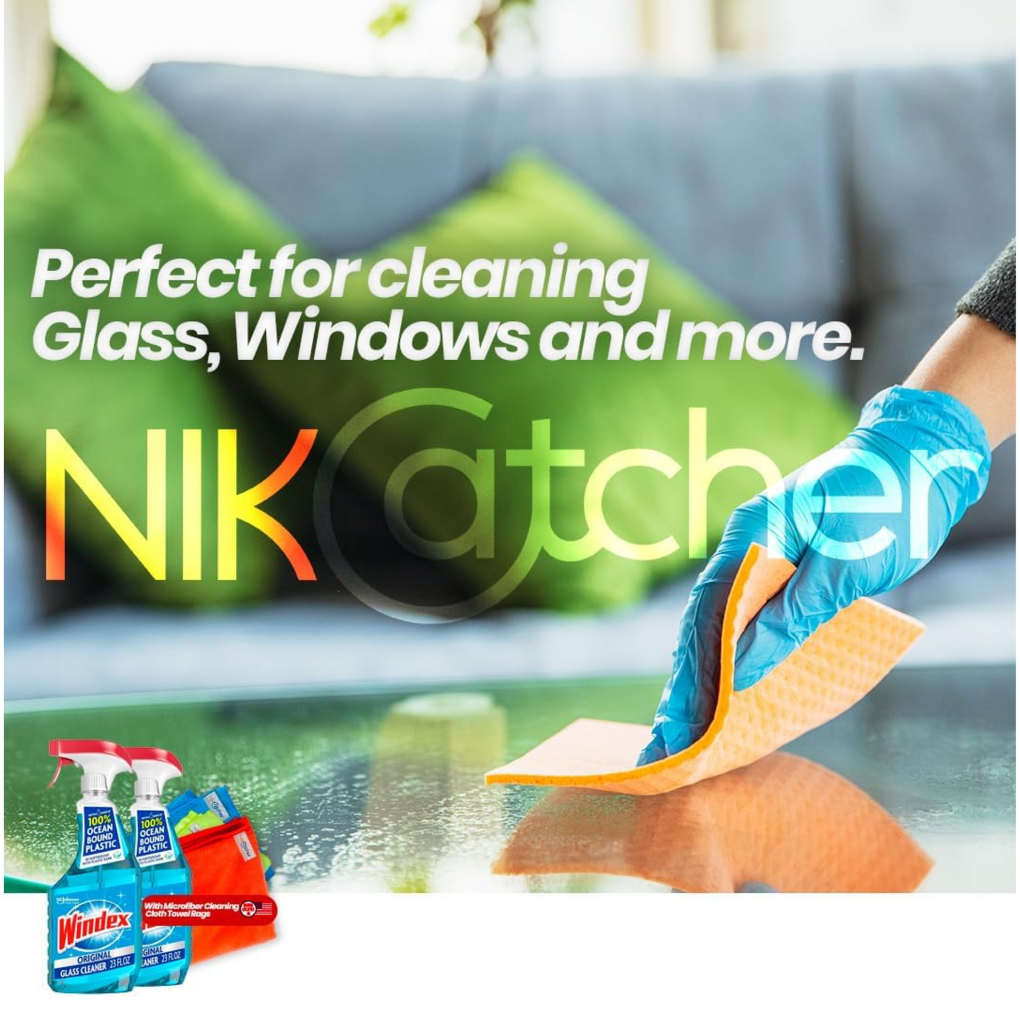 Windex 23 oz (2-Pack) Glass and Window Cleaner Spray Bottles with 3-Pack NikCatcher 16x16" 400 GSM Microfiber Cleaning Cloth Towels