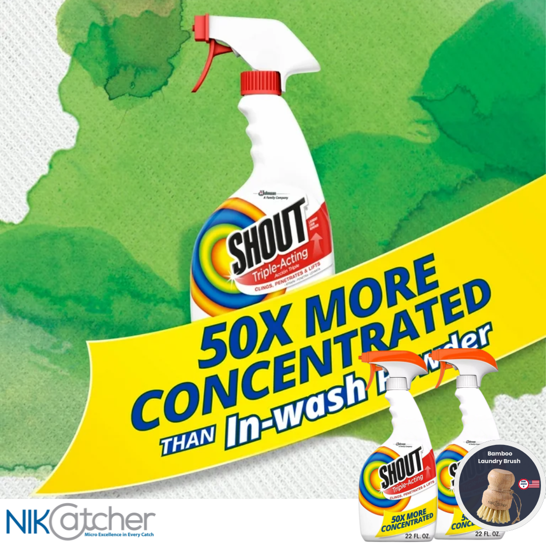 NikCatcher Laundry Brush Stain Remover with Shout Triple-Acting Stain Removing Spray 22 Oz (2 Pack) - Powerful Stain Removal Bundle