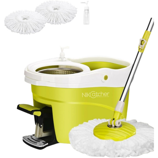 NikCatcher Ultra Spin Microfiber Mop and Bucket Set with 360° Pedal Wringer, Adjustable 50" Handle, and 3 Replacement Mop Heads