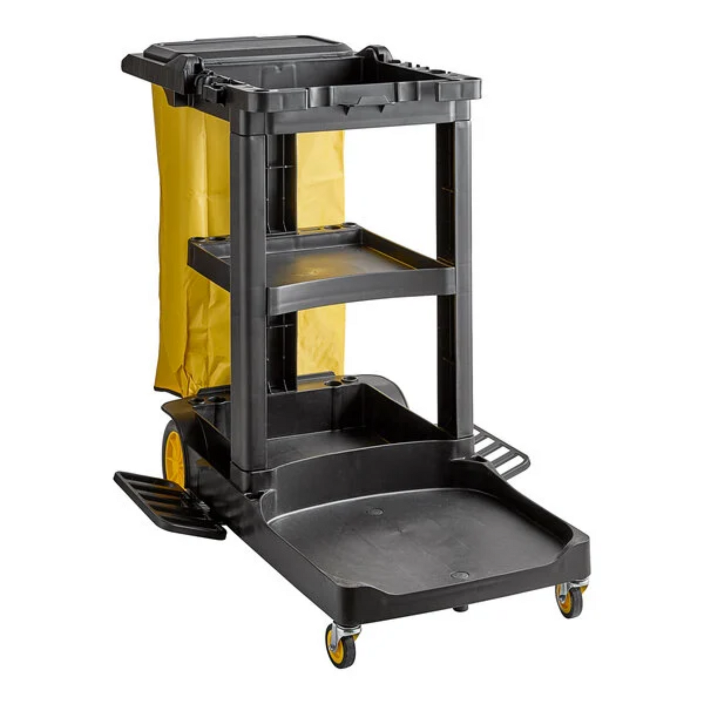 Lavex Premium Black 3-Shelf Janitor Cart Kit with Yellow Bag, Black Zippered Bag, and Lid