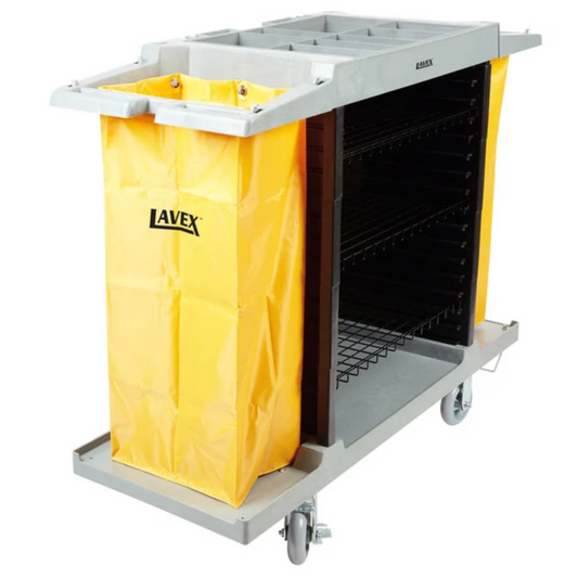 Lavex Hotel / Housekeeping Cart with Four Shelves, Vacuum Bracket, and Dual Vinyl Bags