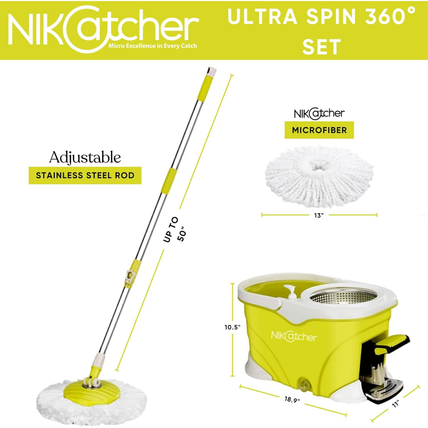 NikCatcher Ultra Spin Microfiber Mop and Bucket Set with 360° Pedal Wringer, Adjustable 50" Handle, and 3 Replacement Mop Heads