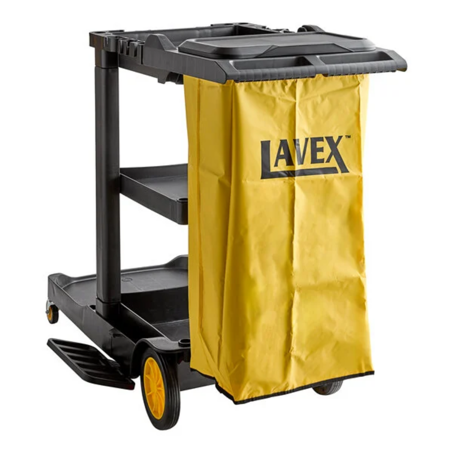 Lavex Premium Black 3-Shelf Janitor Cart Kit with Yellow Bag, Black Zippered Bag, and Lid