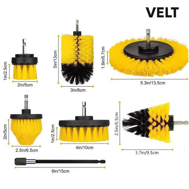 Velt 7-Piece Drill Brush Attachment Set for Car Detailing – Heavy-Duty Cleaning Kit with Extension Rod – Scrub Pads & Brushes for Tires, Upholstery, Bathroom, Kitchen & More
