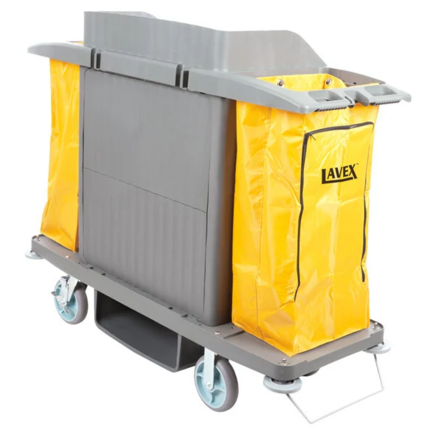 Lavex Hotel / Housekeeping Cart with Locking Doors, Three Shelves, and Dual Vinyl Bags