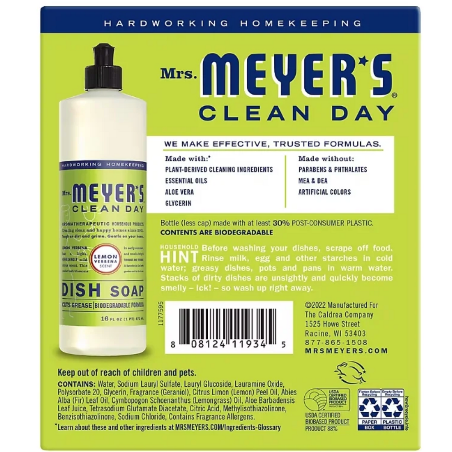 Mrs. Meyer's Clean Day Liquid Dish Soap, Lemon Verbena Scent, 16 oz.