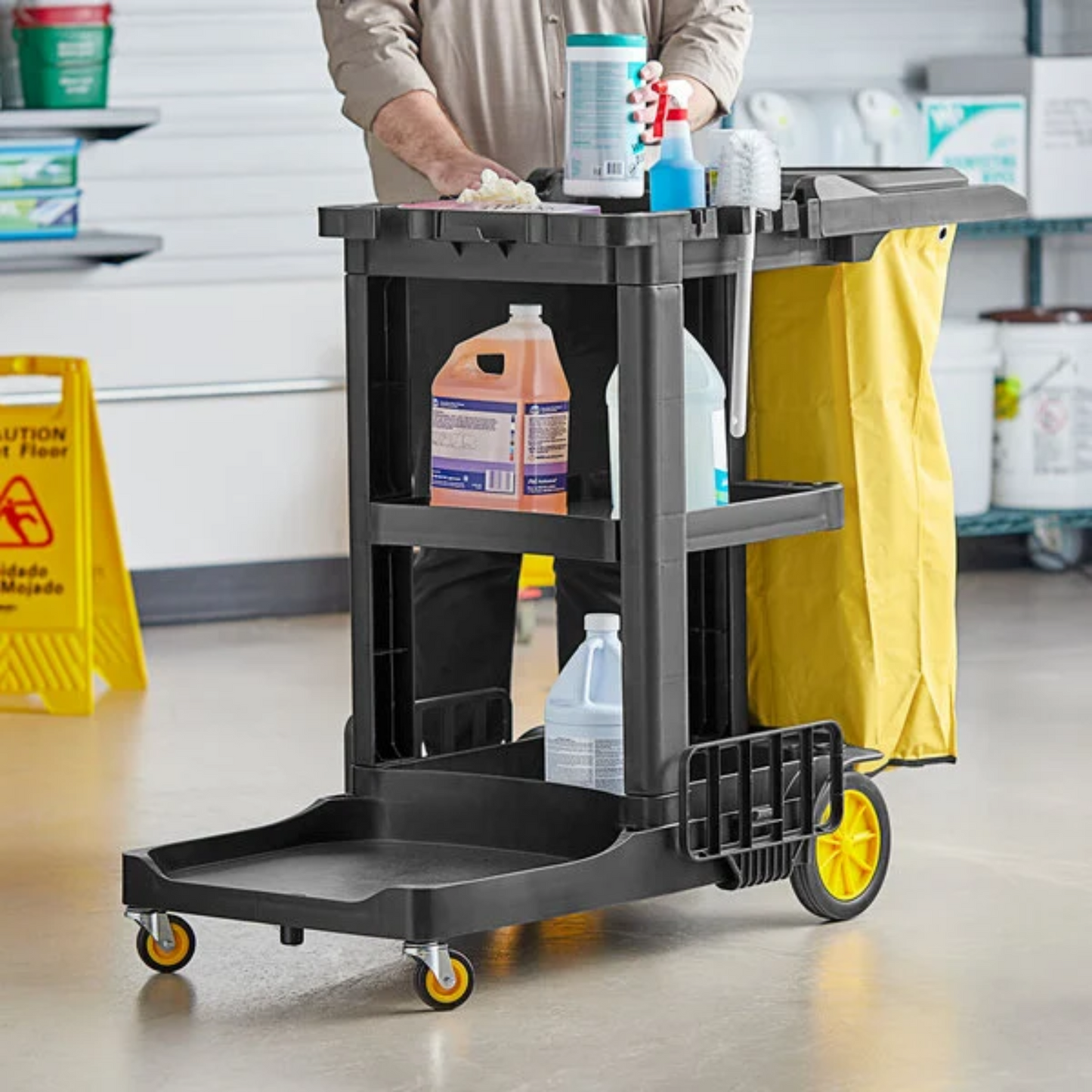 Lavex Premium Black 3-Shelf Janitor Cart Kit with Yellow Bag, Black Zippered Bag, and Lid