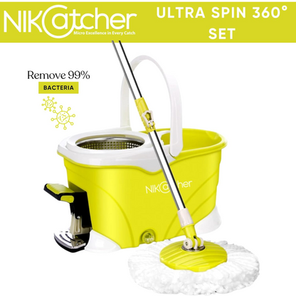 NikCatcher Ultra Spin Microfiber Mop and Bucket Set with 360° Pedal Wringer, Adjustable 50" Handle, and 3 Replacement Mop Heads