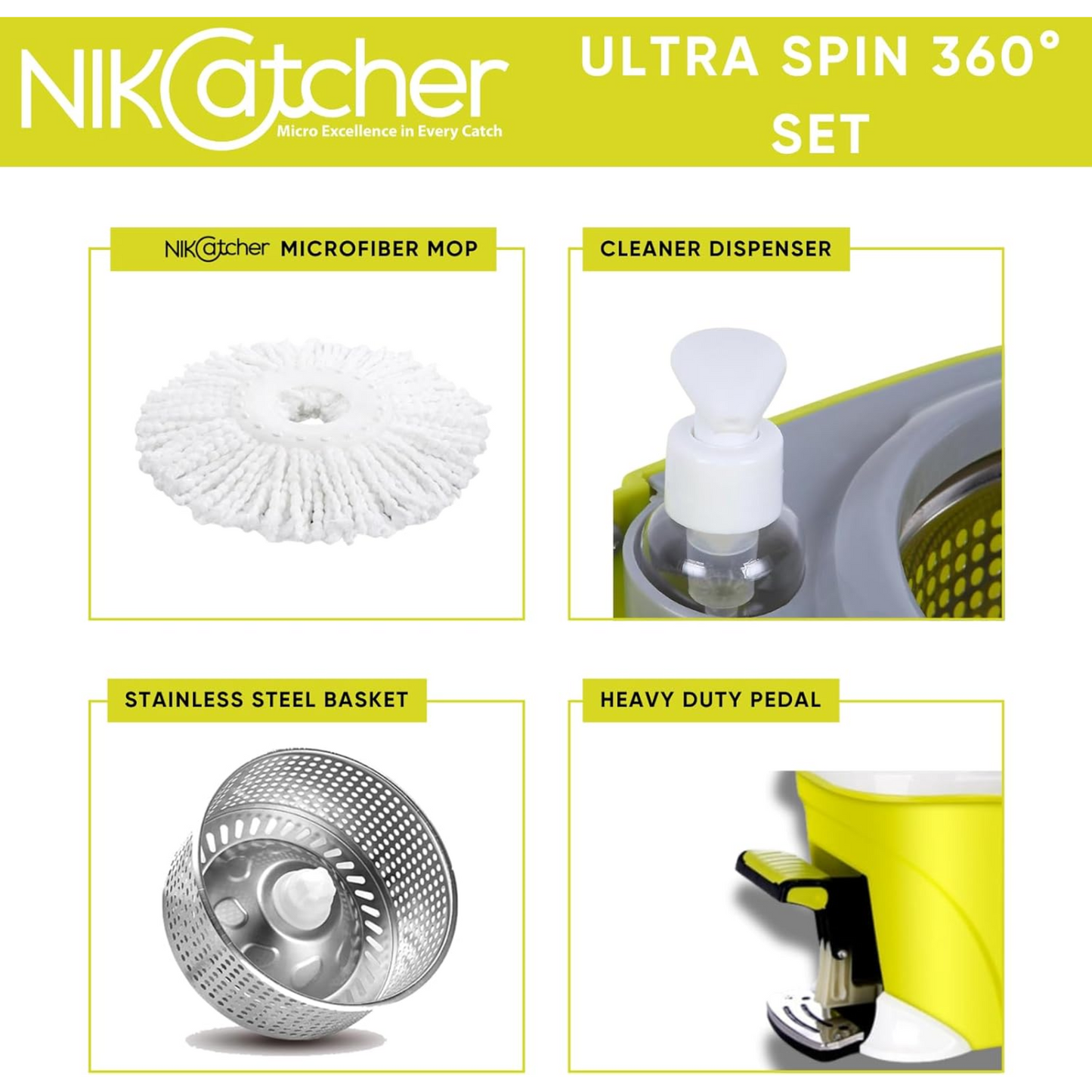 NikCatcher Ultra Spin Microfiber Mop and Bucket Set with 360° Pedal Wringer, Adjustable 50" Handle, and 3 Replacement Mop Heads