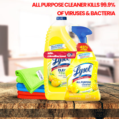 Lysol All-Purpose Cleaner (32 oz Trigger Bottle + 144 oz Refill, Lemon Breeze) with NikCatcher 16x16" 400 GSM Microfiber Cleaning Cloth Bundle (Color May Vary)