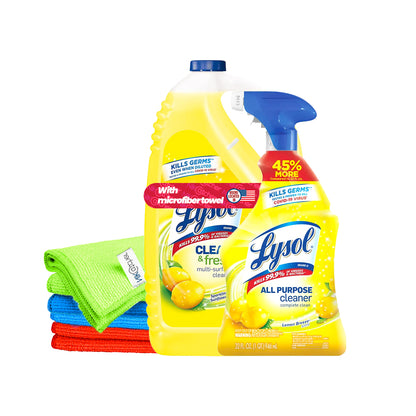 Lysol All-Purpose Cleaner (32 oz Trigger Bottle + 144 oz Refill, Lemon Breeze) with NikCatcher 16x16" 400 GSM Microfiber Cleaning Cloth Bundle (Color May Vary)