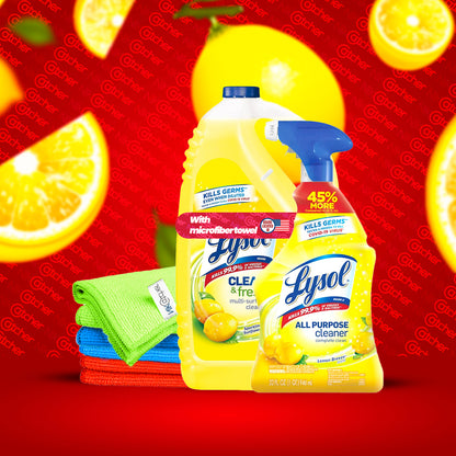 Lysol All-Purpose Cleaner (32 oz Trigger Bottle + 144 oz Refill, Lemon Breeze) with NikCatcher 16x16" 400 GSM Microfiber Cleaning Cloth Bundle (Color May Vary)